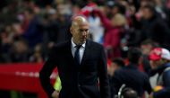 Real Madrid's coach Zinedine Zidane reacts during the match. REUTERS/Jon Nazca
