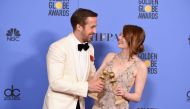 (FILES) This file photo taken on January 8, 2017 shows actors Ryan Gosling and Emma Stone, winners of the Best Performance by an Actor/Actress in a Motion Picture ? Comedy or Musical for 'La La Land'in the press room at the 74th Annual Golden Globe Awards