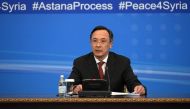 Kazakh Foreign Minister Kairat Abdrakhmanov reads a final statement on Syria peace talks in Astana on January 24, 2017. / AFP / Kirill KUDRYAVTSEV
