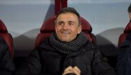 Barcelona coach luis Enrique smiles before the match. REUTERS/Vincent West
