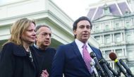 Ford CEO Mark Fields (R) speaks to the press with Fiat-Chrysler CEO Sergio Marchionne (C) and General Motors CEO Mary Barra following a meeting of automakers with US President Donald Trump at the White House in Washingon, DC, on January 24, 2017. / AFP / 