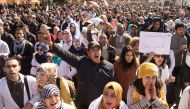 Moroccan trainee teachers take part in a rally in Rabat on January 29, 2017, to protest against police violence and government-proposed decrees for the employment of trainees. AFP / FADEL SENNA