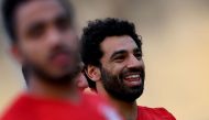 Egypt's forward Mohamed Salah reacts during a training session in Libreville on February 3, 2017 two days ahead of the final of the 2017 Africa Cup of Nations football tournament between Egypt and Cameroon. / AFP / GABRIEL BOUYS