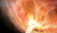 Artist’s impression of a stray black hole storming through a dense gas cloud. The gas is dragged along by the strong gravity of the black hole to form a narrow gas stream. 