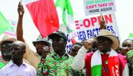 President of the Nigeria Labour Congress, Ayuba Philibus Wabba, leads anti-government protesters during a march in Abuja, Nigeria, yesterday.