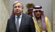 UN Secretary General Antonio Guterres (L) and Saudi Minister of Foreign Affairs, Adel al-Jubeir, arrive to hold a joint press conference in the Saudi capital Riyadh on February 12, 2017.  AFP / Fayez Nureldine