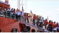 Members of Malaysian NGO unload the food and humanitarian aids for Rohingya Muslims from the ship docked at Thilawa Port outskirt of Yangon, Myanmar on February 9, 2017.