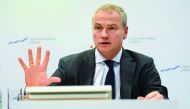 Carsten Kengeter, CEO of German stock exchange operator Deutsche Boerse, gives a press conference to present his company's business report in Frankfurt, yesterday.