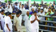 Tamil Nadu Chief Minister Edapadi Palaniswami (right) gestures as he pays his respects at the memorial for former state chief minister Jayalalithaa after being sworn in Chennai yesterday.