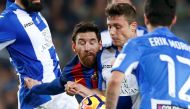 Football Soccer - Barcelona v Leganes - Spanish La Liga Santander - Camp Nou stadium, Barcelona, Spain - 19/02/17 - Barcelona's Lionel Messi in action against Leganes' Alberto Martin. REUTERS/Albert Gea 