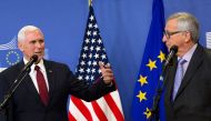 US Vice-President Mike Pence (L) speaks during a press conference with with European Commission President Jean-Claude Juncker at the European Commission in Brussels on February 20, 2017. AFP / POOL / Virginia Mayo
