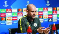 Manchester City's Spanish manager Pep Guardiola addresses the media during a press conference at the City Football Academy in Manchester, northern England, on the eve of their UEFA Champions League Round of 16 first-leg match against Monaco.