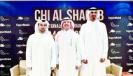 Omar Al Mannai, Event Director of CHI Al Shaqab, Saleh Al Mana, Vice President, Government and Public Affairs, ExxonMobil Qatar and Qatar's top rider Sheikh Ali bin Khalid Al Thani pose for a photograph following a press conference held at Al Shaqab yeste
