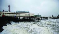 The sea whips up as Storm Doris blows into Blackpool, Britain, yesterday.
