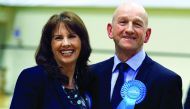 Conservative Party candidate Trudy Harrison stands with her husband Keith after winning the Copeland by-election in Whitehaven, Britain, yesterday.