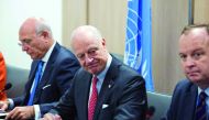 United Nations (UN) Syria envoy Staffan de Mistura (centre) looks on during a meeting on the second day of a new round of Syria peace talks in Geneva yesterday. 
