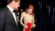 HOLLYWOOD, CA - FEBRUARY 26: Actor Leonardo DiCaprio (L) and actress Emma Stone, winner of Best Actress for 'La La Land' pose backstage during the 89th Annual Academy Awards at Hollywood & Highland Center on February 26, 2017 in Hollywood, California. Chr