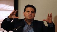 The head of Israel's Arab parliamentary bloc, Ayman Odeh, speaks during a meeting with the Foreign Press Association at the King David Hotel in Jerusalem on March 6, 2017.  AFP / Ahmad Gharabli