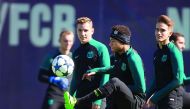 Barcelona's Neymar kicks the ball during training session on the eve of team's Champions League last 16 (second leg) clash against PSG, at Sant Joan Despi, outside Barcelona, yesterday. 