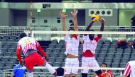 A player from Al Salam attacks as Qatar's Al Arabi players try to bock the same during their GCC Clubs Championship volleyball match played at Ali bin Hamad Al Attiyah Arena yesterday. Picture by Kammutty VP/The Peninsula
