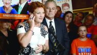 Australian Senator Pauline Hanson addresses a Pauline Hanson's One Nation election function in Perth.