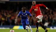 Manchester United's Paul Pogba in action with Chelsea's N'Golo Kante. Reuters / John Sibley Livepic  
