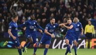 Leicester City's English midfielder Marc Albrighton (2R) celebrates scoring their second goal with teammate Leicester City's English midfielder Danny Drinkwater (3R) and Leicester City's Algerian midfielder Riyad Mahrez (R) during the UEFA Champions Leagu