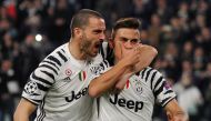  Juventus' Paulo Dybala celebrates scoring their first goal with Leonardo Bonucci Reuters / Giorgio Perottino
