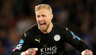 Leicester City's Kasper Schmeichel celebrates after Wes Morgan scores their first goal. Reuters / Carl Recine Livepic
