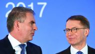 The CEO of Lufthansa AG, Carsten Spohr (left) and the CFO Ulrik Svensson during the annual press conference of the airline in Munich, Germany. 