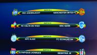 A screen displays the names of the clubs that will be facing each other during the quarter-final draw of the UEFA Europa League football tournament at the UEFA headquarters in Nyon, yesterday.