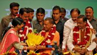 India’s ruling Bharatiya Janata Party (BJP) leader Yogi Adityanath (C) is greeted after he was elected as Chief Minister of India’s most populous state of Uttar Pradesh, during the party lawmakers' meeting in Lucknow, India March 18, 2017. (REUTERS/Pawan 