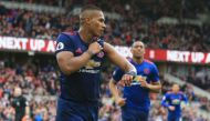 Manchester United's Ecuadorian midfielder Antonio Valencia celebrates after scoring their third goal during the English Premier League football match between Middlesbrough and Manchester United at Riverside Stadium in Middlesbrough, north east England on 
