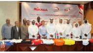Qatar Volleyball QVA president Ali Ghanim al-Kuwari and Sportivo CEO Uros Stanic  and others after signing the Qatar national team’s kits sponsorship agreement at the QVA headquarters. Sportivo will supply Mikasa playing kits to the Qatar senior, junior, 