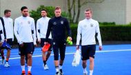 German team players Toni Kroos, Emre Can and Marc-Andre ter Stegen during a training session at the Sportschule Kaiserau, Kamen in Germany, yesterday.