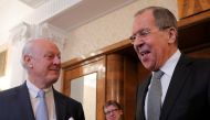 Russia's Foreign Minister Sergei Lavrov (R) and United Nations' Special Envoy for Syria Staffan de Mistura react during a meeting in Moscow, Russia, March 22, 2017. REUTERS/Maxim Shemetov
