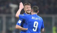 Italy's Ciro Immobile celebrates with his team mate Andrea Belotti after scoring. REUTERS/Alberto Lingria 
