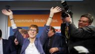 Annegret Kramp-Karrenbauer, State Minister-President and top candidate of the Christian Democratic Union Party (CDU) reacts after the Saarland state elections in Saarbruecken, Germany, March 26, 2017. REUTERS/Kai Pfaffenbach.