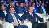 Sheikh Dr Khalid bin Thani bin Abdullah Al Thani (right, front row), Chairman of Ezdan Group Holding; Eng Essa bin Hilal Al Kuwari (left), President of Qatar General Electricity and Water Corporation (Kahramaa); and other officials at the Qatar-UK Busines