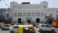 This picture taken on March 27, 2017 shows an exterior view of the Regal cinema, an 84-year-old movie hall, in the heart of the Indian capital New Delhi. AFP / Dominique Faget 
