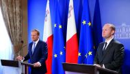President of the European Council Donald Tusk (left) and Malta's Prime Minister Joseph Muscat during a joint news conference about Brexit in Valletta, Malta, yesterday.