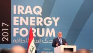 Iraqi Prime Minister Haider Al Abadi speaks during the Iraq Energy Forum at Al Rashid Hotel in Baghdad, yesterday.
