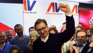 Serbian Prime Minister and presidential candidate Aleksandar Vucic celebrates his win in presidential election at his headquarters in Belgrade, Serbia, April 2, 2017. REUTERS/Antonio Bronic
