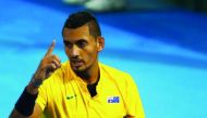 Nick Kyrgios of Australia reacts during his Davis Cup world group quarter-final match against John Isner of the US at the Pat Rafter Arena in Brisbane yesterday.