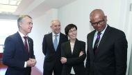 The head of the International Verification Comission Ram Manikkalingam (right), Security chief of the Basque regional government, Estafania Beltran de Heredia (second right), Basque regional president Inigo Urkullu (left) and Basque Government's spokesman