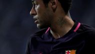 Barcelona's Neymar prepares to kick a corner during the match. REUTERS/Jon Nazca
