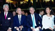 Britain's Chancellor of the Exchequer, Philip Hammond (second right) and Governor of the Bank of England, Mark Carney (third right) gesture during the International Fintech Conference in London