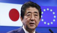 Japanese Prime Minister Shinzo Abe speaks at the EU headquarters in Brussels, Belgium, March 21, 2017. Reuters/Yves Herman
