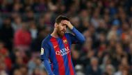 Barcelona's Lionel Messi reacts against Real Sociedad. REUTERS/Albert Gea
