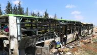Damaged buses are seen after an explosion yesterday at insurgent-held al-Rashideen, Aleppo province, Syria April 16, 2017. REUTERS/Ammar Abdullah.
